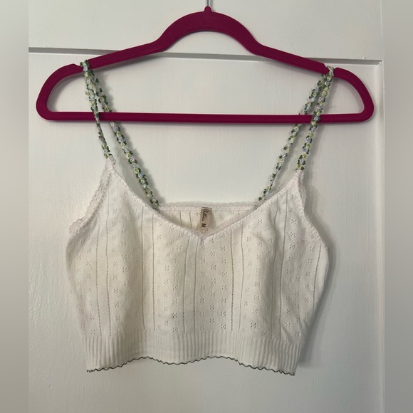 Pretties Pointelle Super Cropped Tank with Embroidered Flower Straps - Picture 2 of 7